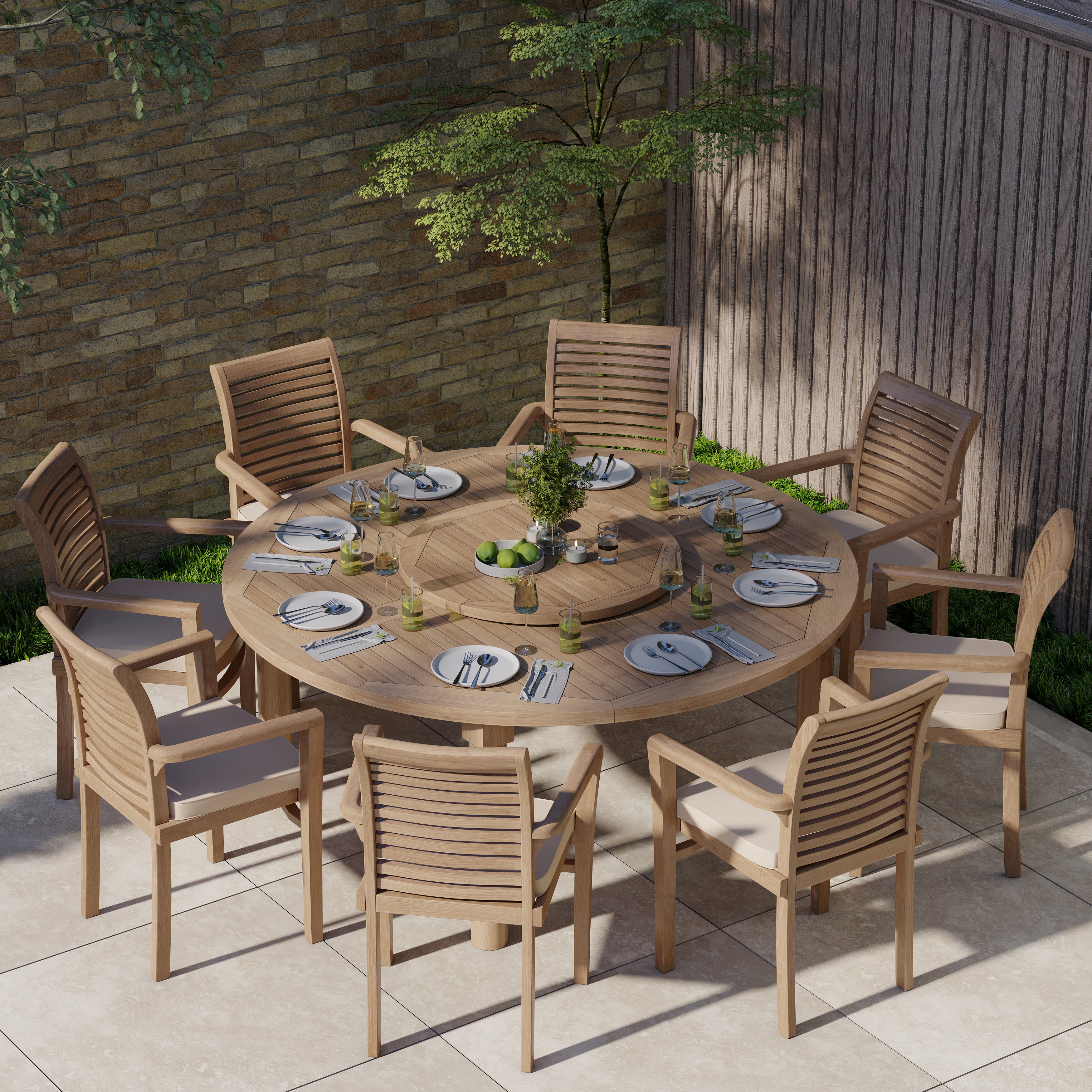 Product photograph of Teak Garden Furniture Set 180cm Maximus Round Table 8 Stacking Chairs Cushions Included from Luxus Home And Garden