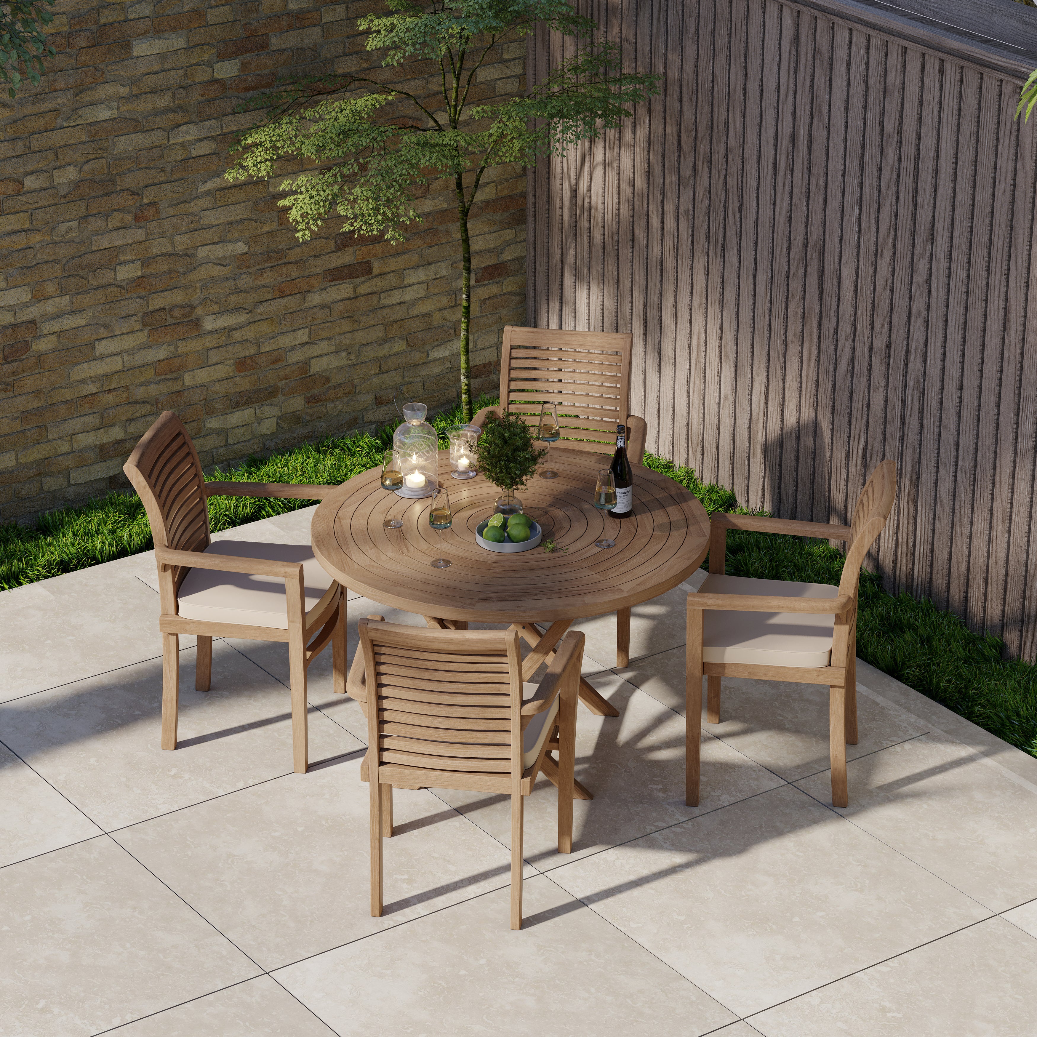 Product photograph of Teak Garden Furniture Set 120cm Spiral Round Folding Table 4 X Stacking Chairs And Cushions from Luxus Home And Garden
