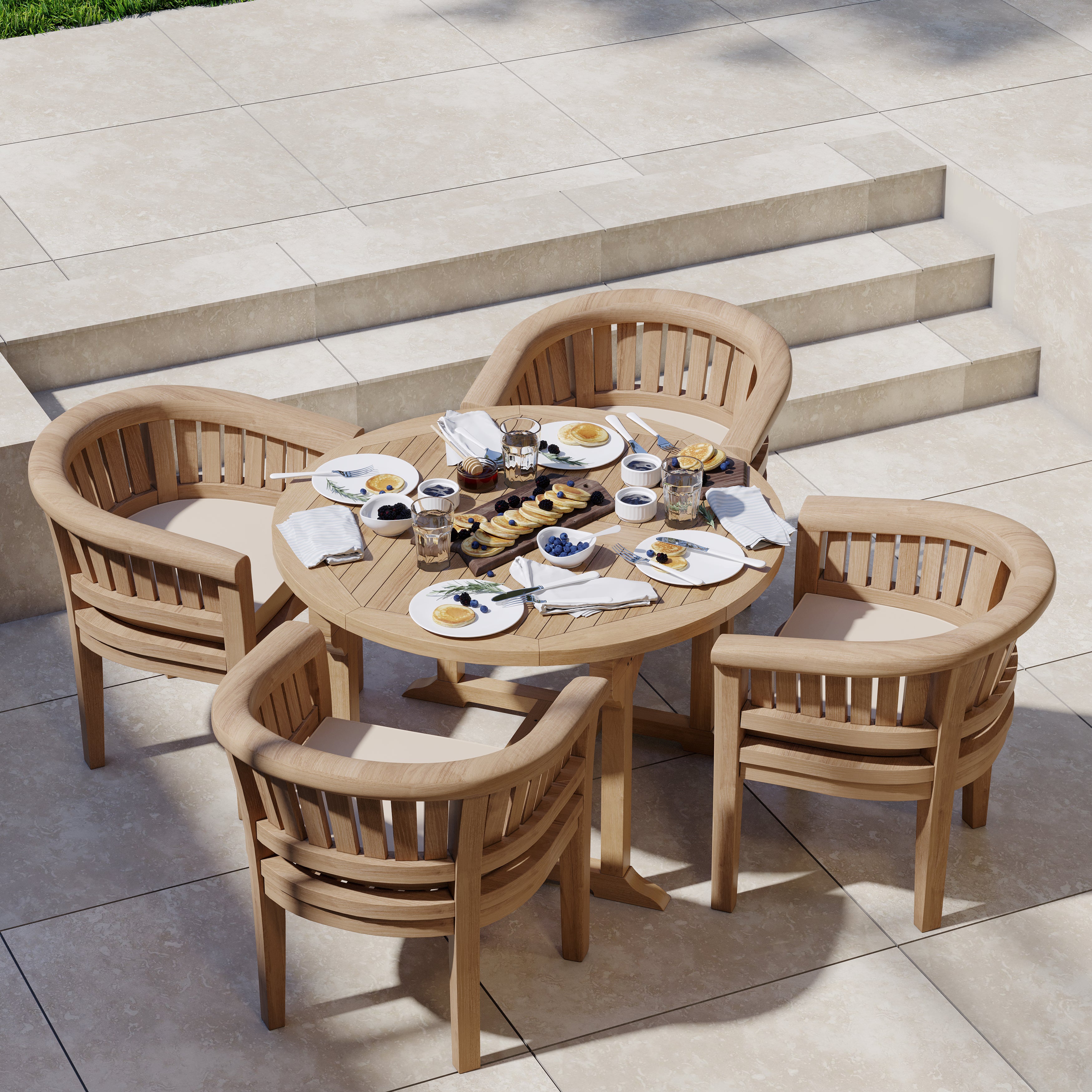 Product photograph of Teak Garden Furniture Set 120-170cm Round To Oval Table 4 Teak San Francisco Chairs Cushions Included from Luxus Home And Garden