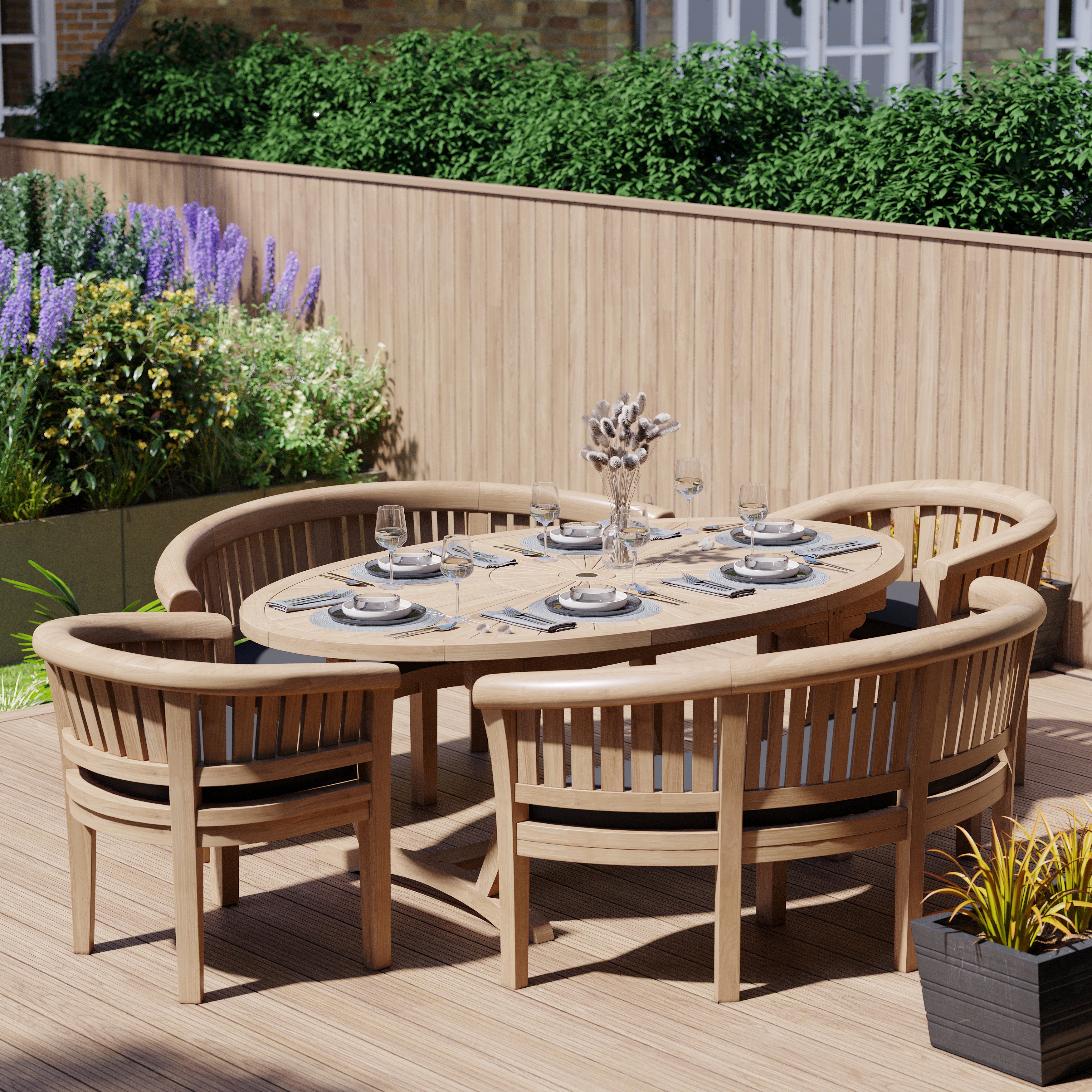 Product photograph of Teak Garden Furniture Set 2m Sunshine Table With 2 San Francisco Chairs And 2 Benches Cushions Included from Luxus Home And Garden