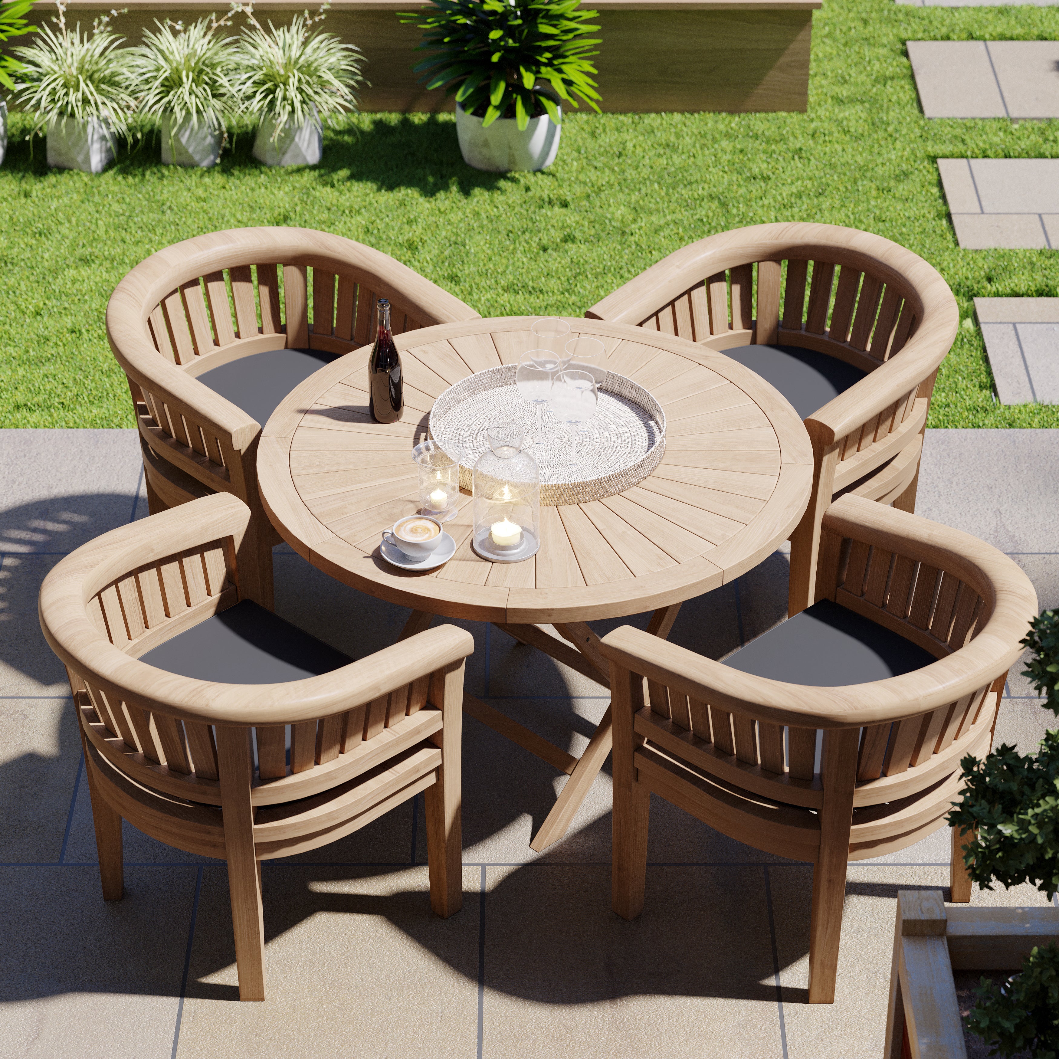 Product photograph of Teak Garden Furniture Set 120cm Round Folding Sunshine Table 4 Teak San Francisco Chairs Cushions Included from Luxus Home And Garden