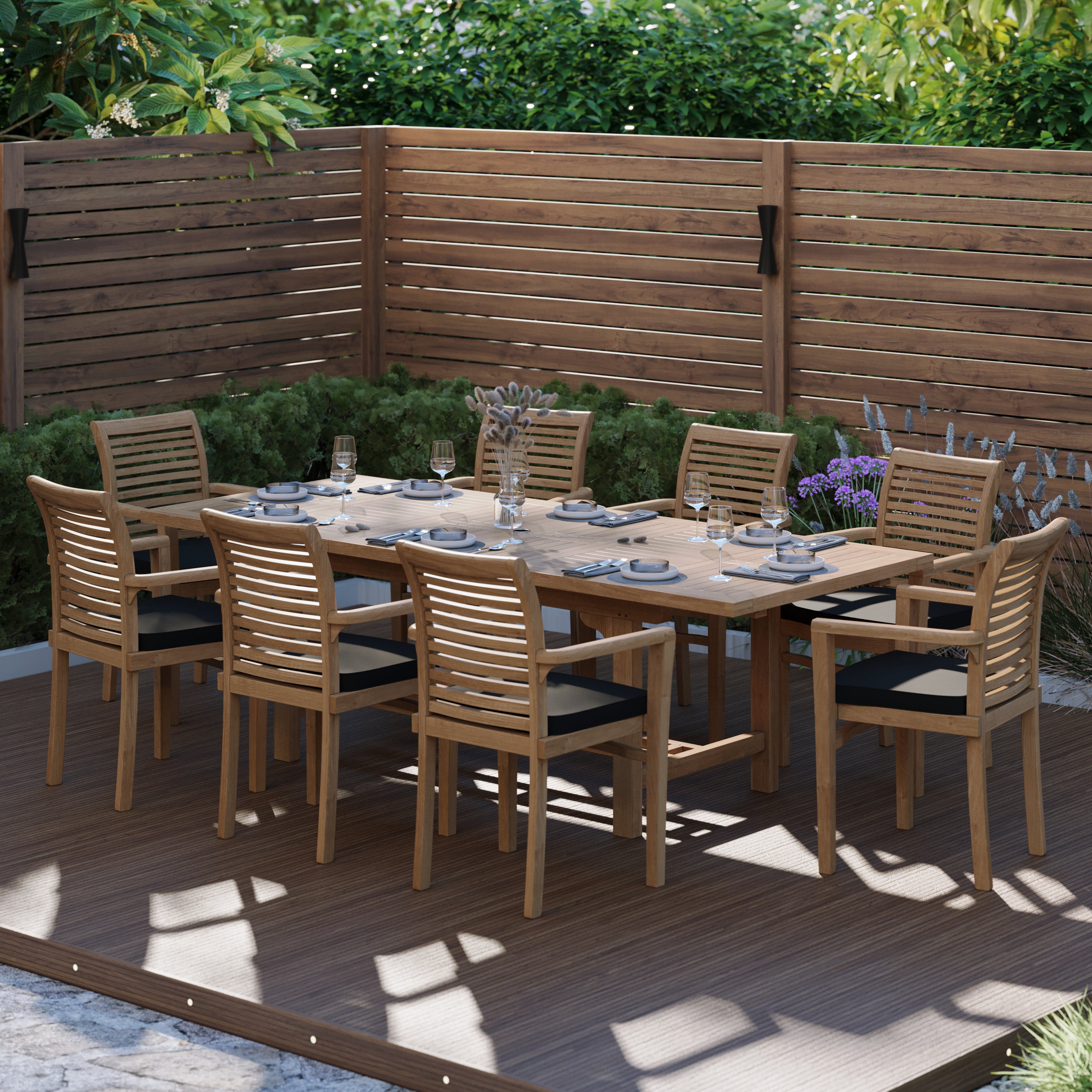 Product photograph of Teak Garden Furniture Rectangle 180-240cm Extending Table 8 Stacking Chairs Cushions Included from Luxus Home And Garden