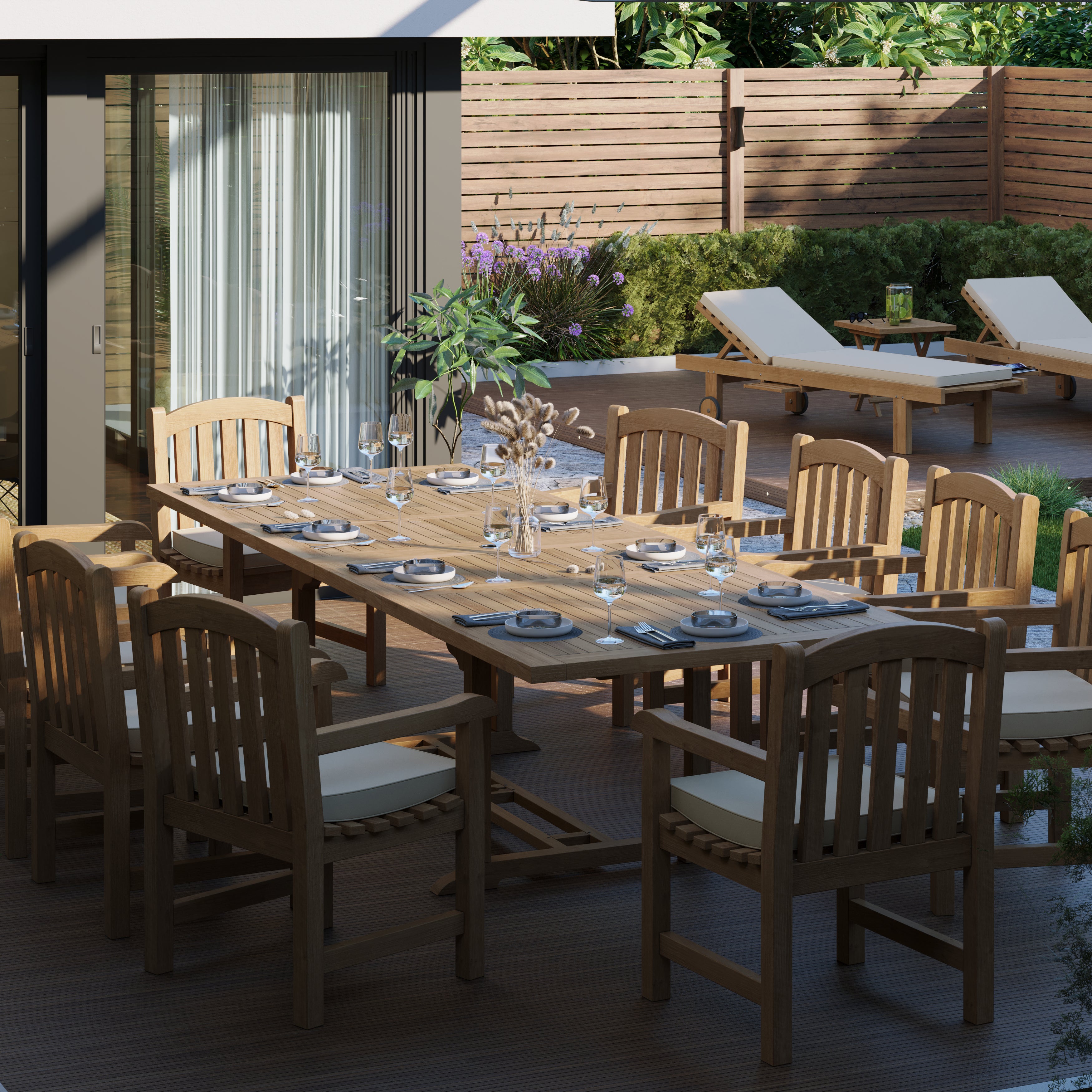 Product photograph of Teak Garden Furniture 2-3m Rectangle Extending Set With 10 Warwick Chairs Cushions Included from Luxus Home And Garden