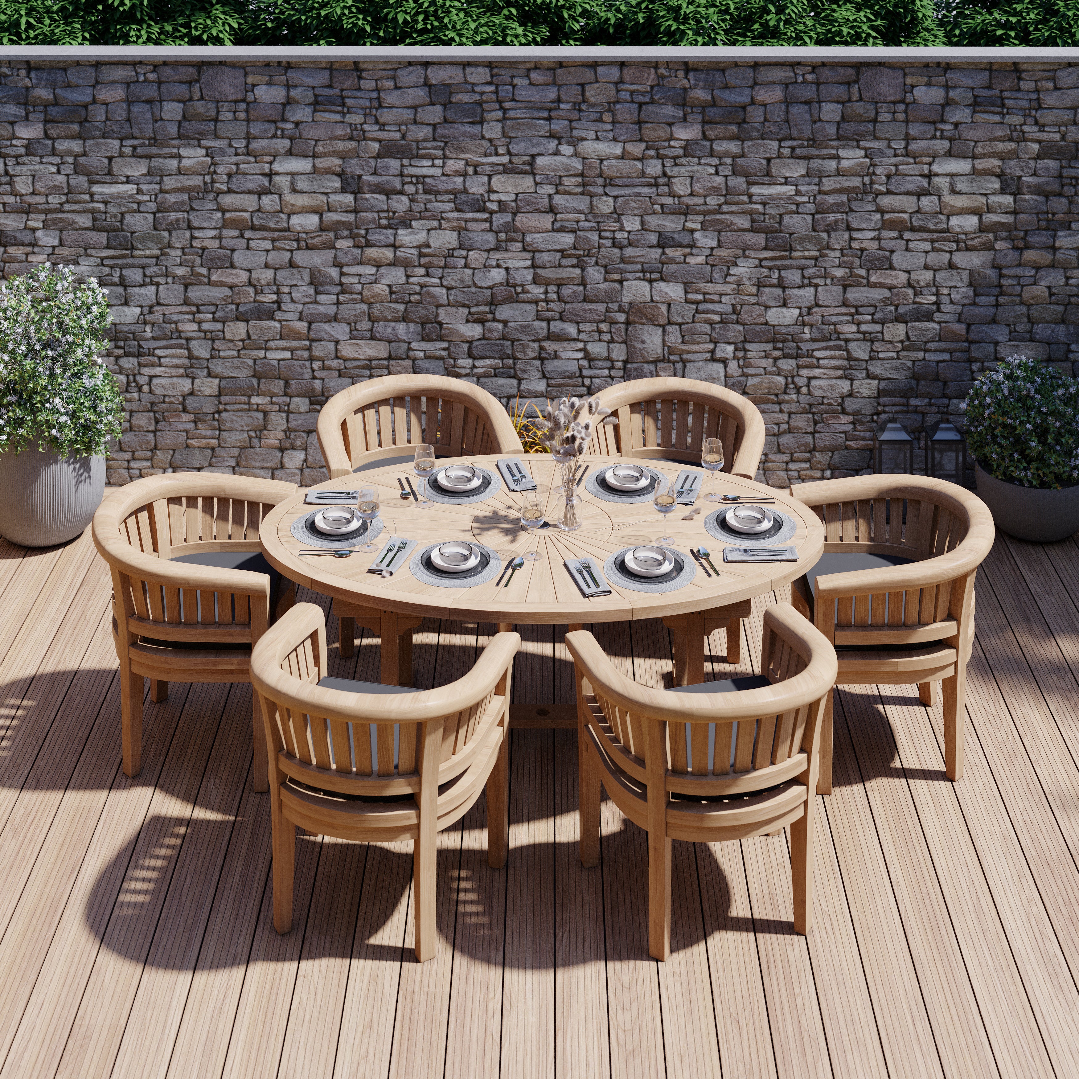 Product photograph of Teak Garden Furniture Set 2m Sunshine Table With 6 San Francisco Chairs Cushions Included from Luxus Home And Garden