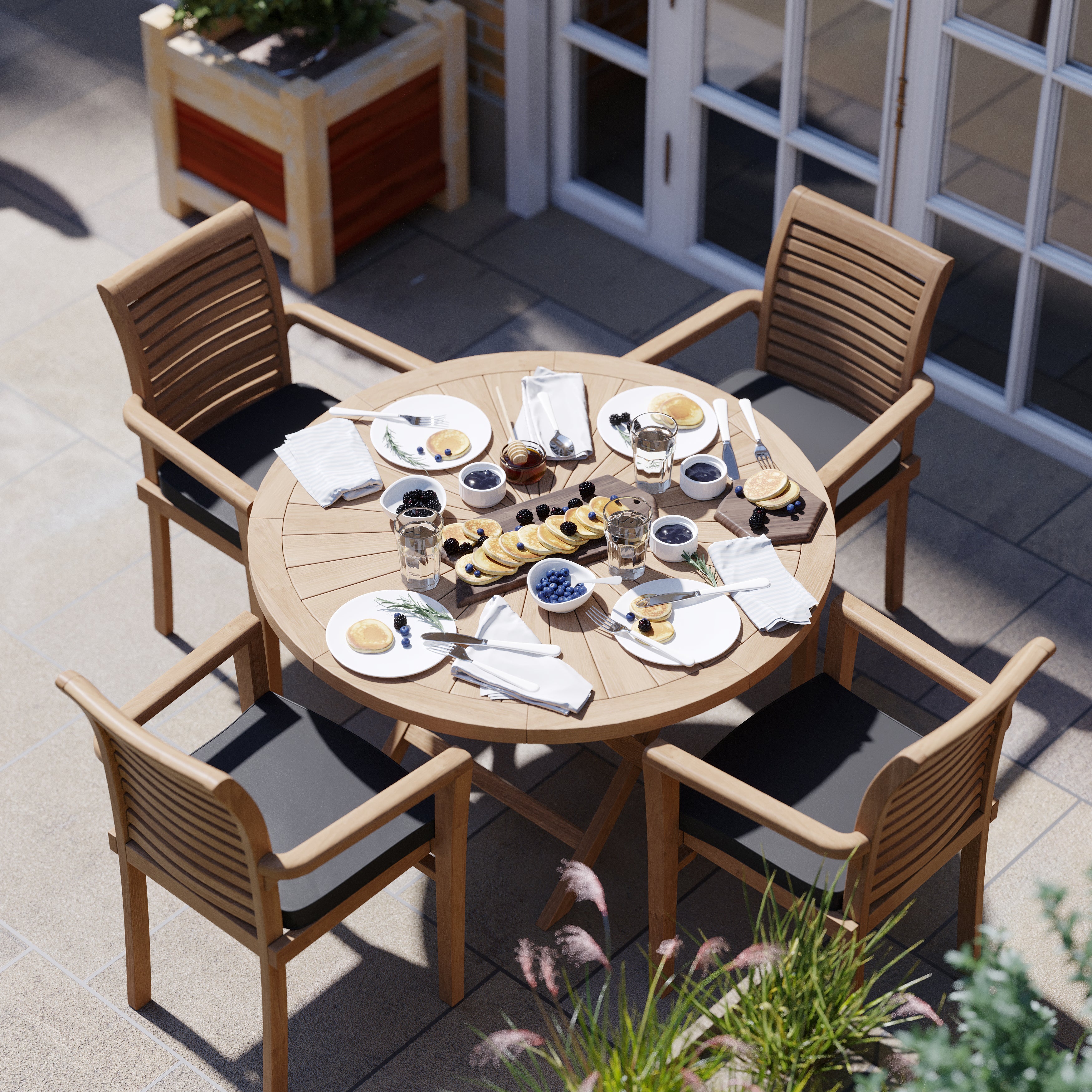 Product photograph of Teak Garden Furniture Set 120cm Sunshine Round Folding Table 4 X Stacking Chairs And Cushions from Luxus Home And Garden