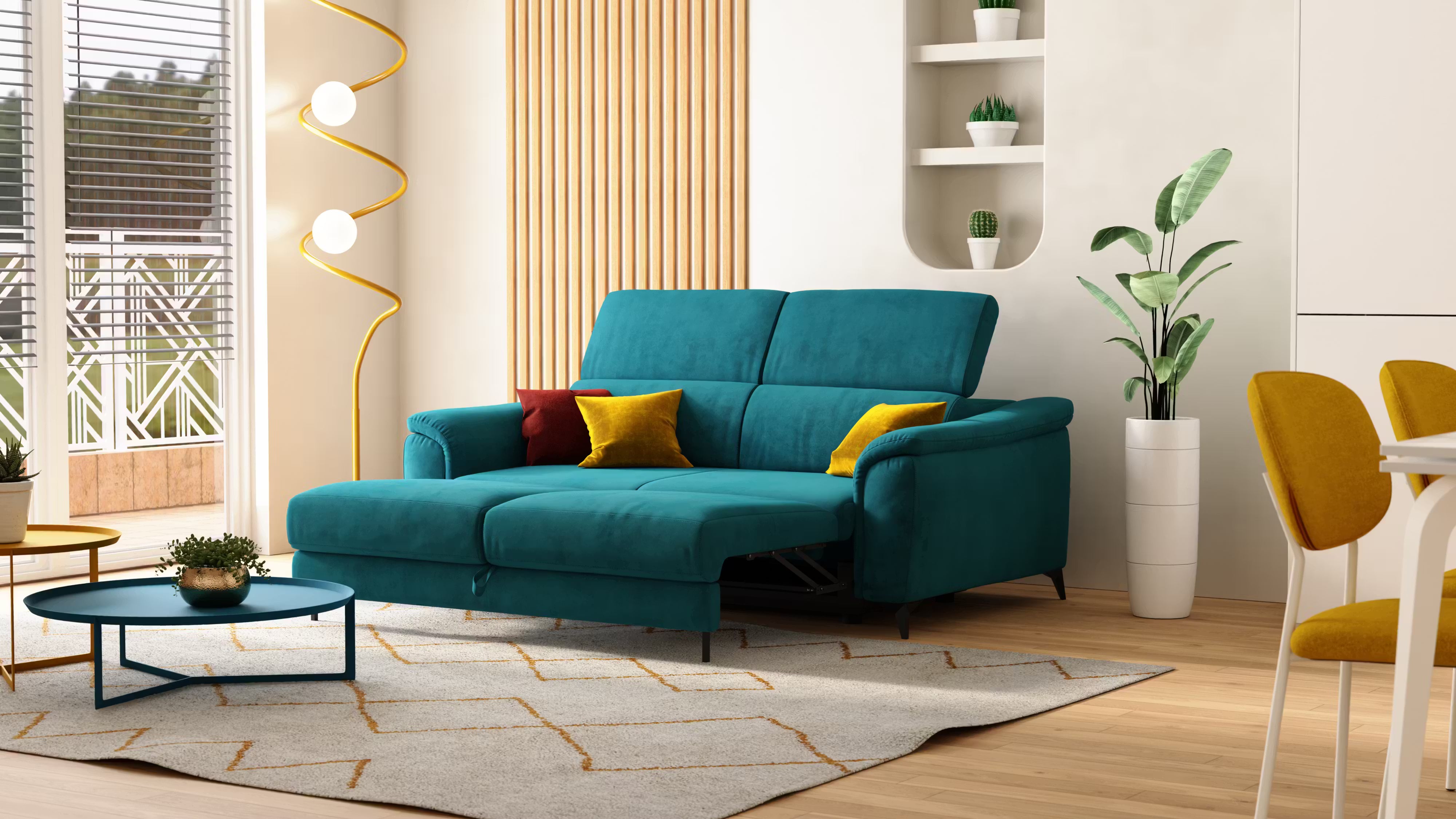 Divano 3 posti - piedini alti e poggiatesta reclinabili petrolio aperto