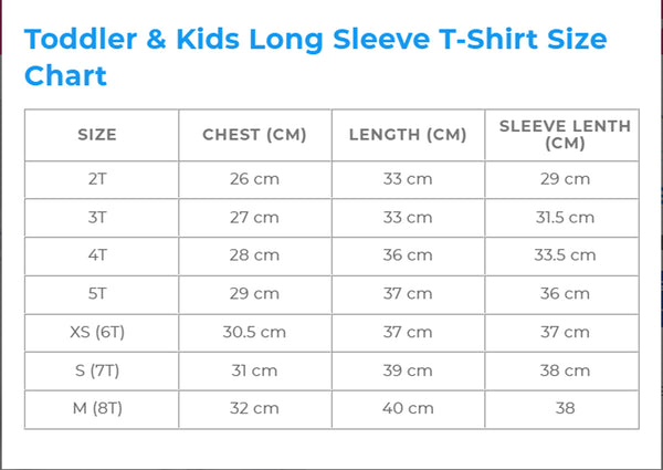 Toddler and Youth Tee Shirt and Sweatshirt Size Char