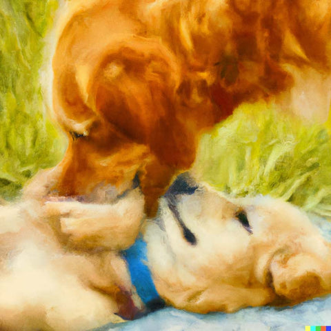 painting of a golden retriever teaching her puppy bite inhibition by correcting her behavior and pinning her to the ground