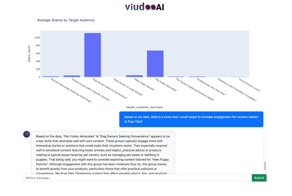 Viudoo AI demo showing data analysis graph showing share count vs target audience with an AI chat interface