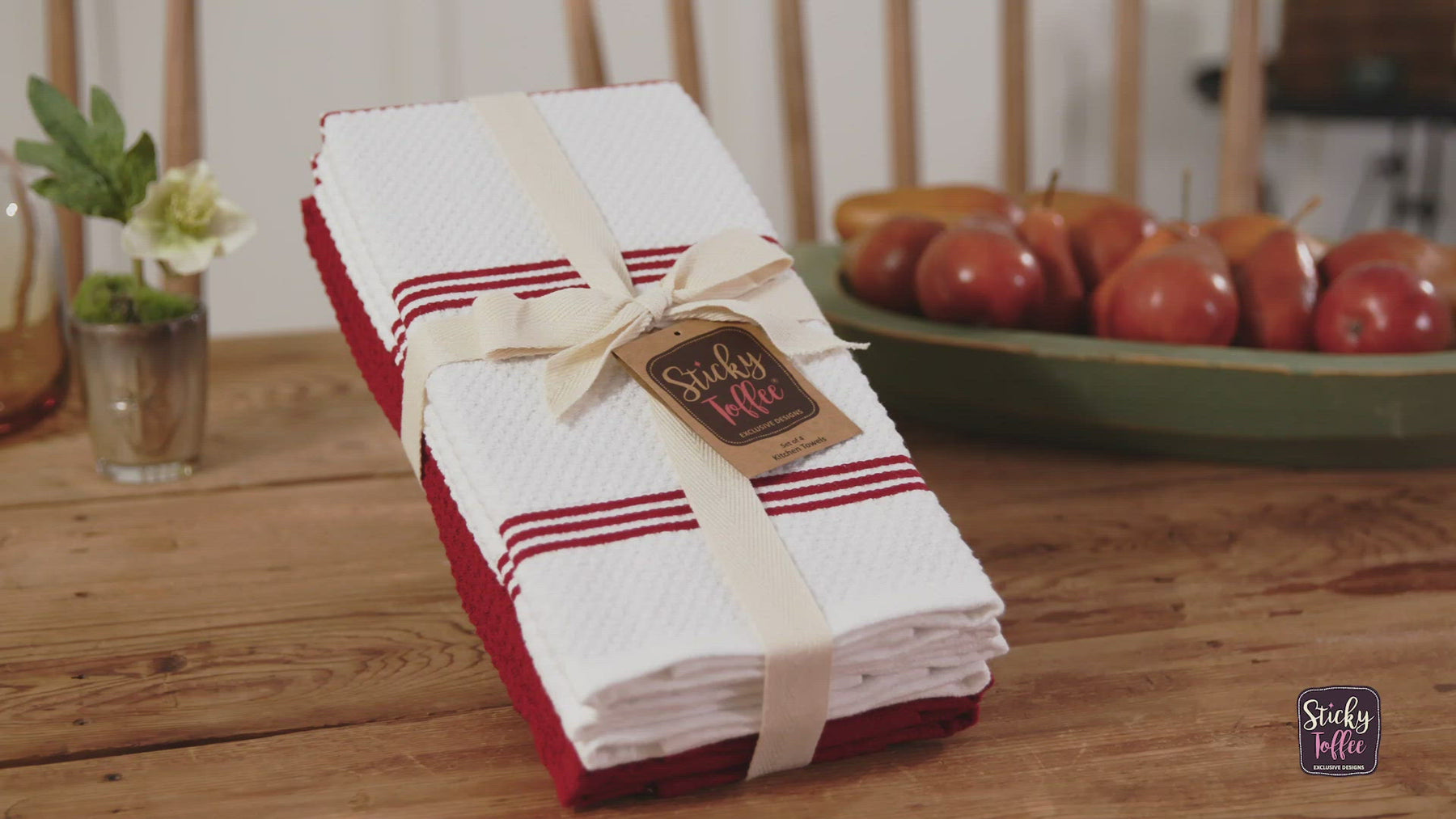 Sticky Toffee Waffle Kitchen Towels Set of 3, White and Tan Cotton