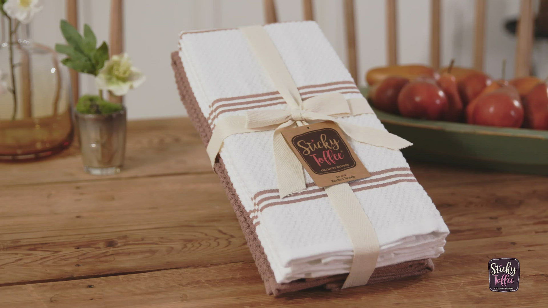 Sticky Toffee Cotton Terry White Kitchen Dish Towel, 4 Pack, 28 x 16