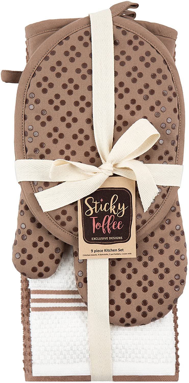 Sticky Toffee Printed Silicone Oven Mitt and Pot Holders, 100% Cotton, 3 Piece Set, Brown