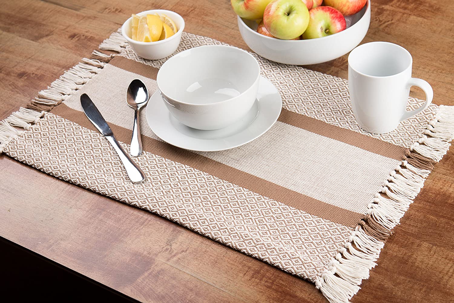 PIGCHCY Elegant Placemats with Matching Table Runner,Durable Cleaning  Placemats for Dining Table Sets(6pcs Placemats+1pcs Table Runner, Chocolate