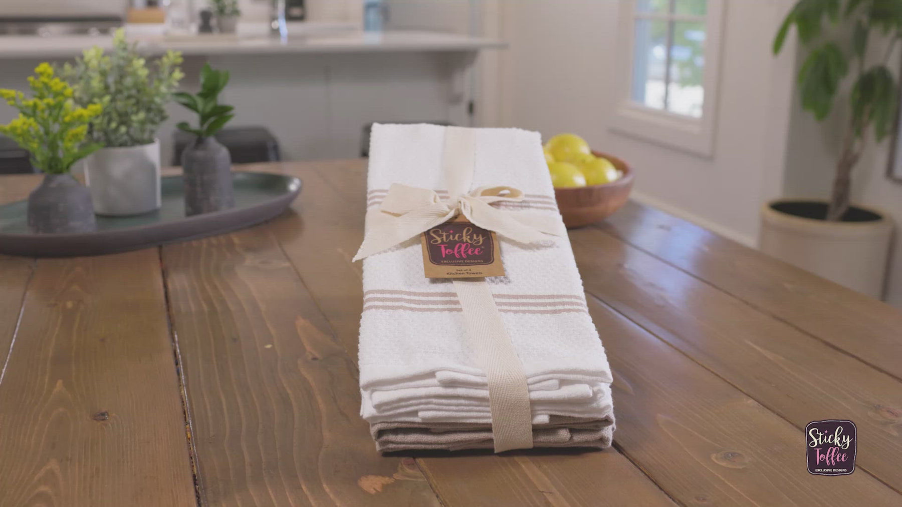 Sticky Toffee Cotton Terry White Kitchen Dish Towel, 4 Pack, 28 x 16