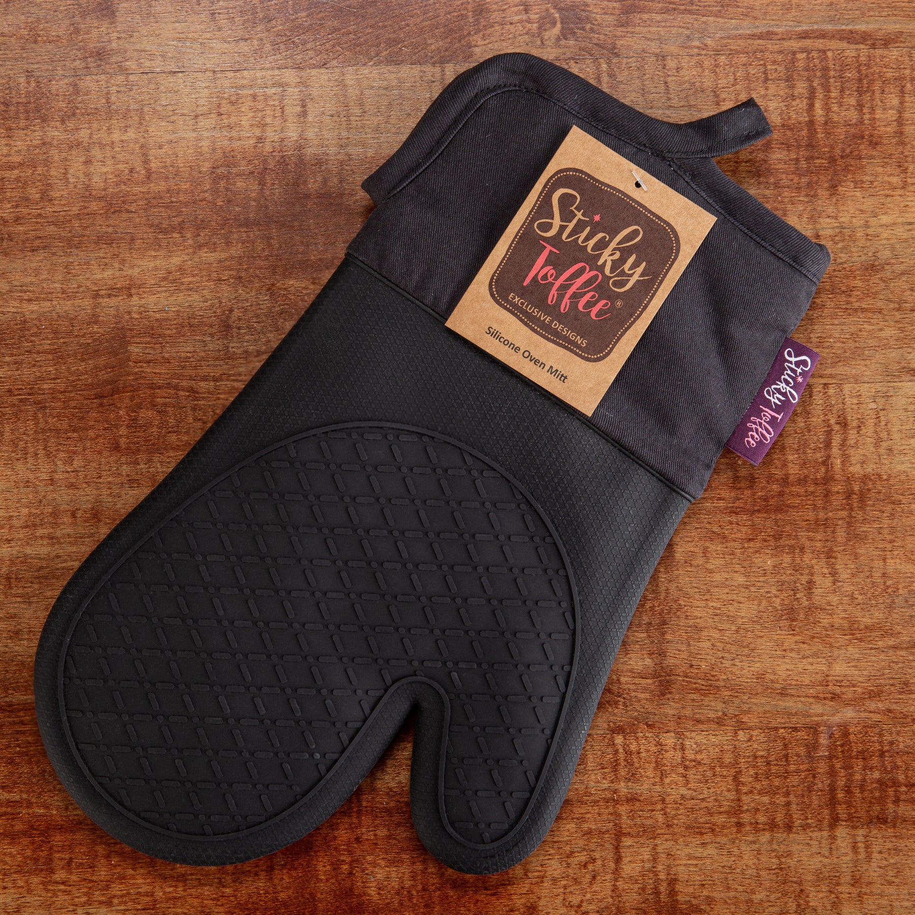 Sticky Toffee Printed Silicone Oven Mitt and Pot Holders, 100% Cotton, 3 Piece Set, Brown