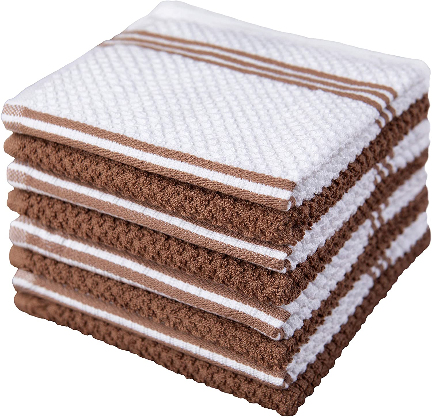 Sticky Toffee Kitchen Dishcloths Towels 100% Cotton, Set of 8, Brown and White Dish Cloth Towels, 12 in x 12 in