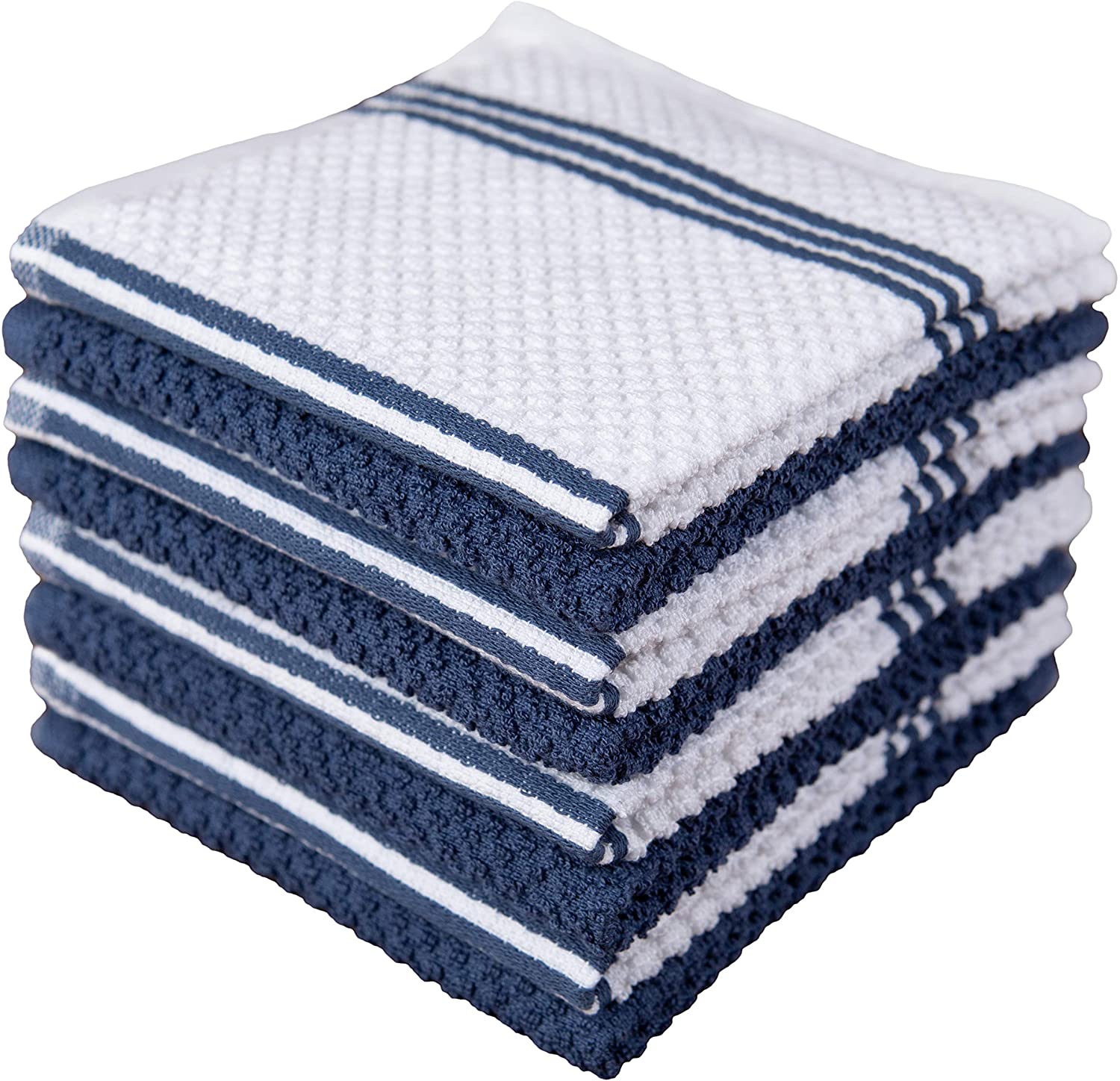 2pk Solid & Striped Waffle Terry Kitchen Towels Blue - T-Fal