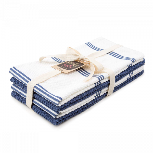 SET OF 4 New PANTRY Cotton Terry Kitchen Towels Blue White Striped Assorted