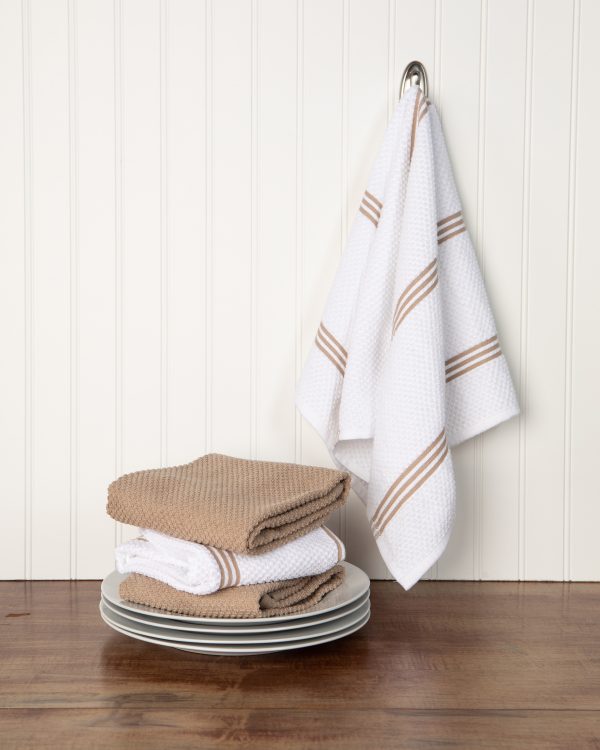 Kitchen Towel 4 Pack Hand Dish Drying Towels White Tan Stripes