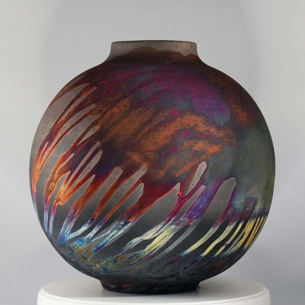 Raku Carbon Half Copper Matte globe vase