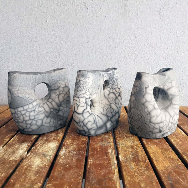 Smoked Raku Dokutsu and Umi ceramic pottery vase set