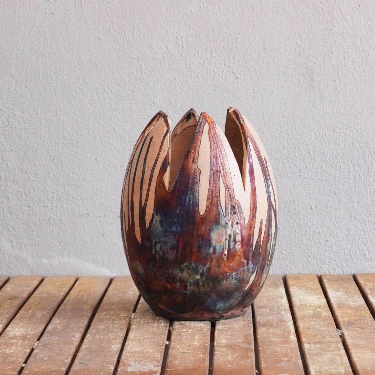 RAAQUU Large Flower Ceramic Vase Half Copper Matte S/N0000056 11" Raku Pottery - RAAQUU