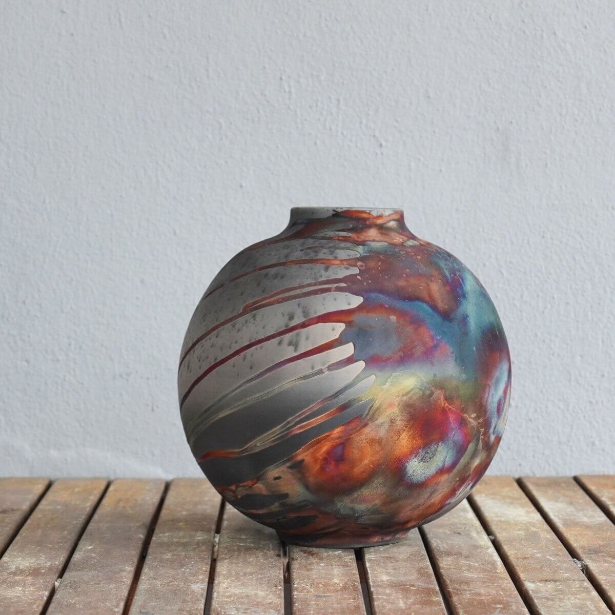 Raku Pottery Large 11 inch Globe Vase in Carbon Half Copper Matte S/N0000471 Home Decor Centerpiece Unique Gift - Handcrafted - RAAQUU