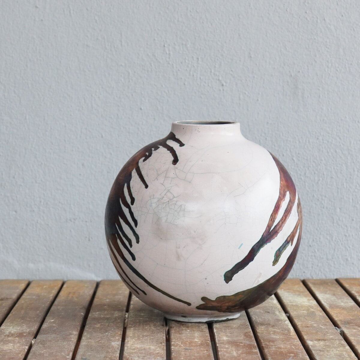 Raku Pottery Large 11 inch Globe Vase in Half Copper Matte S/N0000472 Home Decor Centerpiece Unique Gift - Handcrafted - RAAQUU