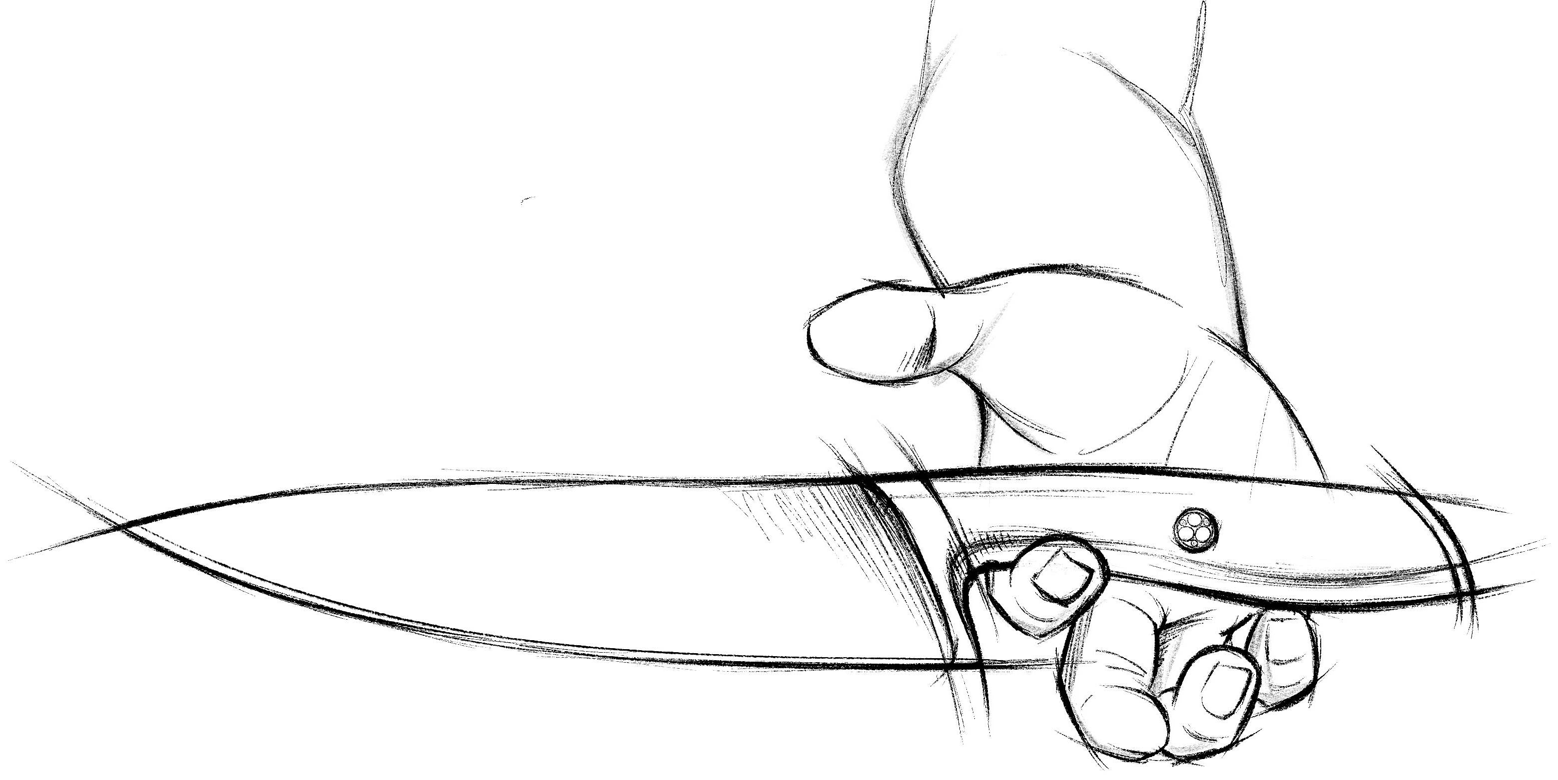 A sketch of a kitchen knife in profile being balanced on a finger where the handle meets the blade.