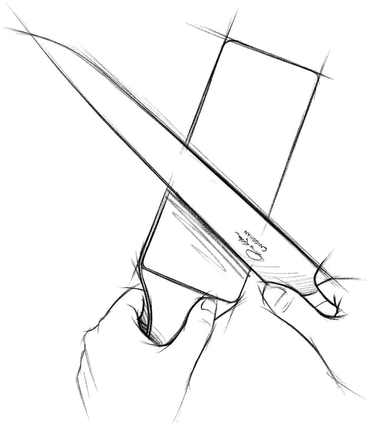 A sketch of a knife’s edge being refined on a leather strop.