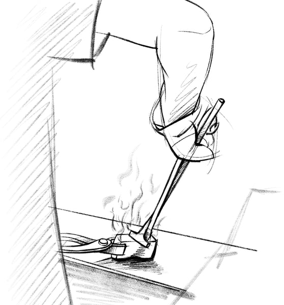 A sketch of hot steel being worked on a flat surface with tongs and a metal working tool.