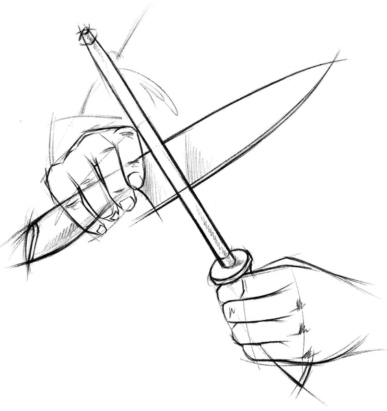 A sketch of a kitchen knife being honed on a honing steel being held upwards.