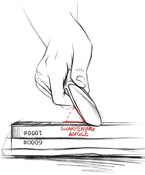 A sketch of the edge of a kitchen knife touching the surface of a double sided whetstone to demonstrate how to find the correct angle to sharpen the knife’s edge.