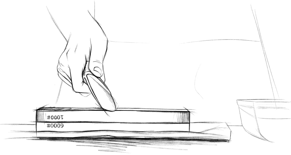 A sketch of the edge of a kitchen knife touching the surface of a whetstone at an angle that matches the knife’s edge.