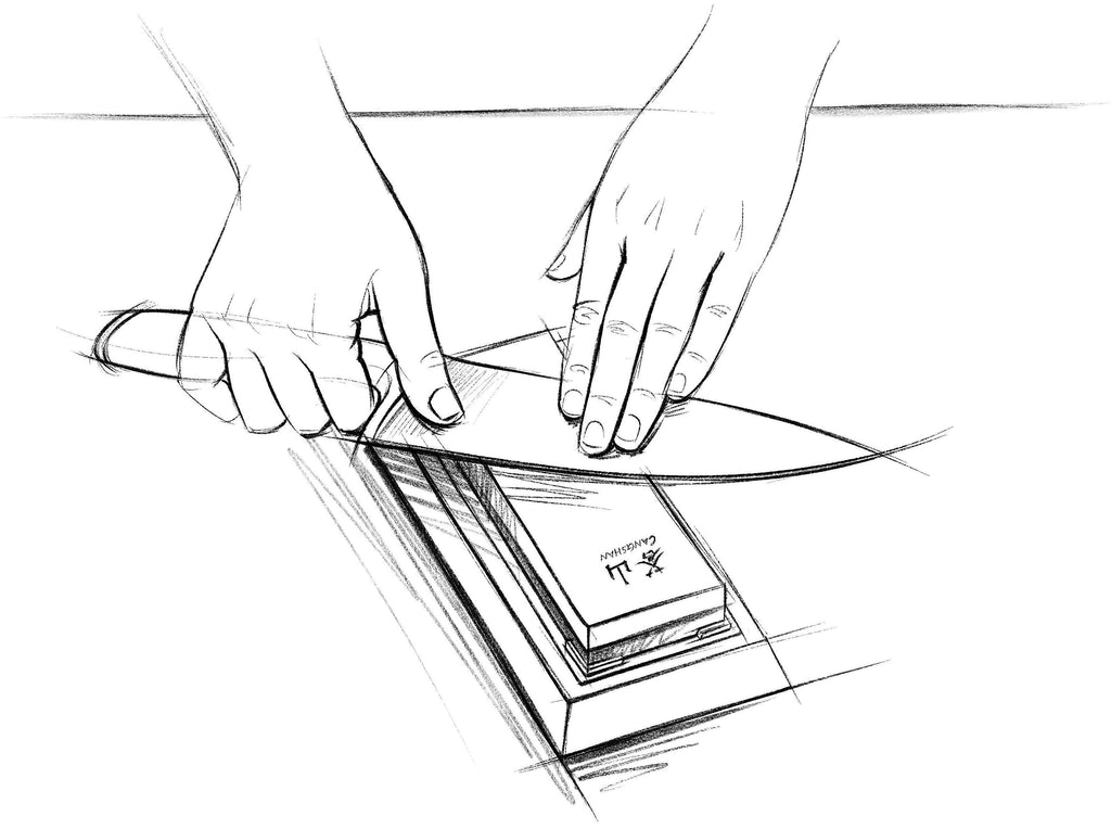 A sketch of a kitchen knife being manually sharpened on a whetstone in a wooden base.