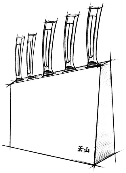 A sketch of a set of knives being stored ina knife block.