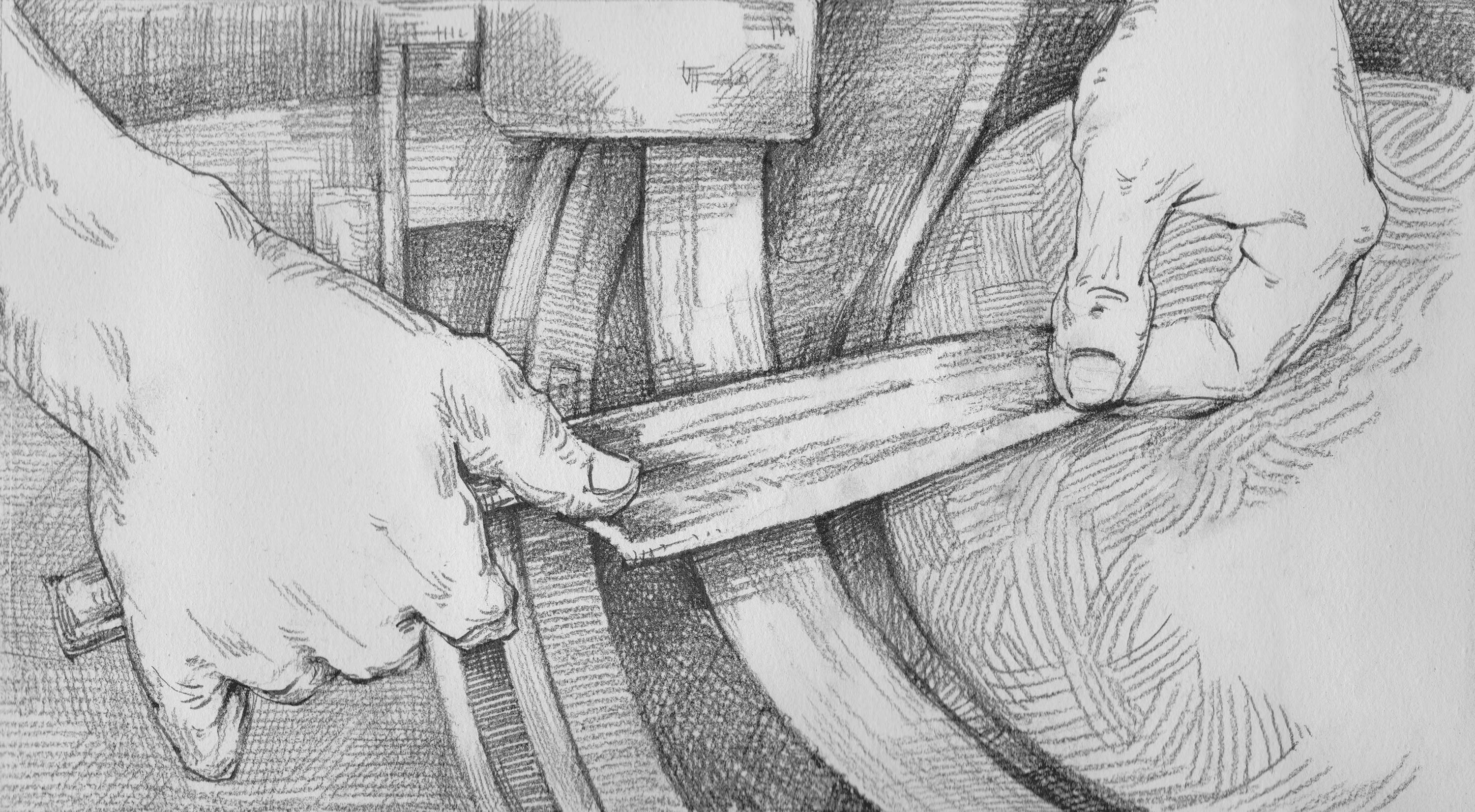 A sketch of a knife being hand sharpened on a sharpening wheel.