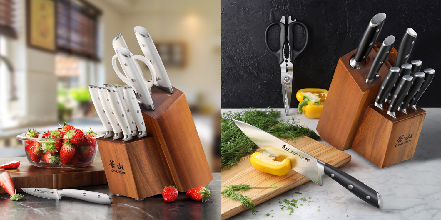 Lifestyle photos of ALPS Series 12 piece knife block combos on top of marble countertops with fresh cut fruits and vegetables on wood cutting boards.