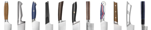 Eleven knife handles of various designs and materials ranging from metal to plastic composites to wood.