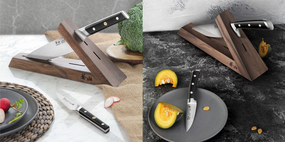 Two lifestyle photos of the TC Series and TS Series 2 piece TAI Knife Block Combos. The paring knife from each set is laying flat in front of the knife blocks.
