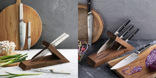 Lifestyle photo of the EVEREST Series 6 piece TAI knife block combos. Various knives are placed around the knife sets.