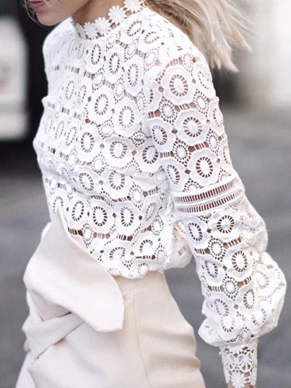 Mumsmooi Blouse Voor Wit Uithollen Lange Mouw Elegant Mode