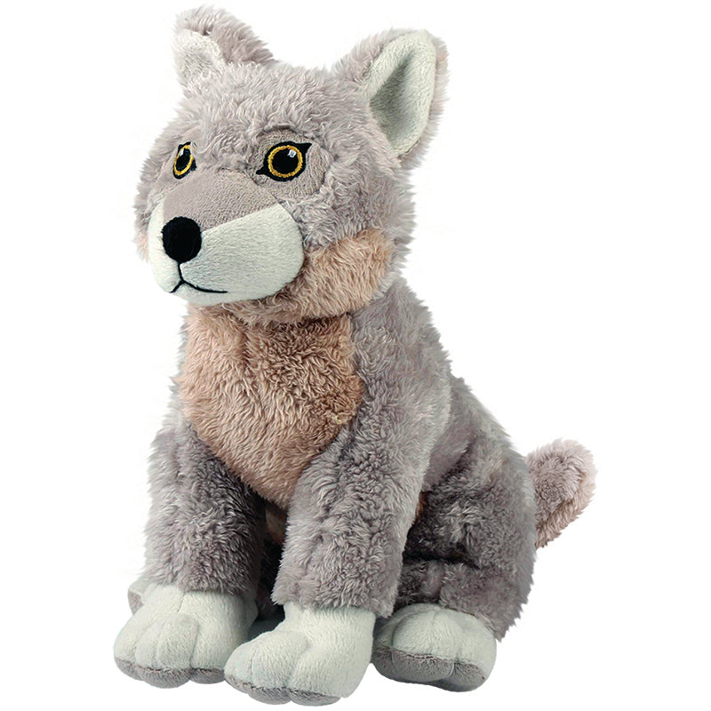 Wolf soft toy is grey with brown chest and white paws. Irises in the eyes are yellow. Wolf sits on it's haunches.