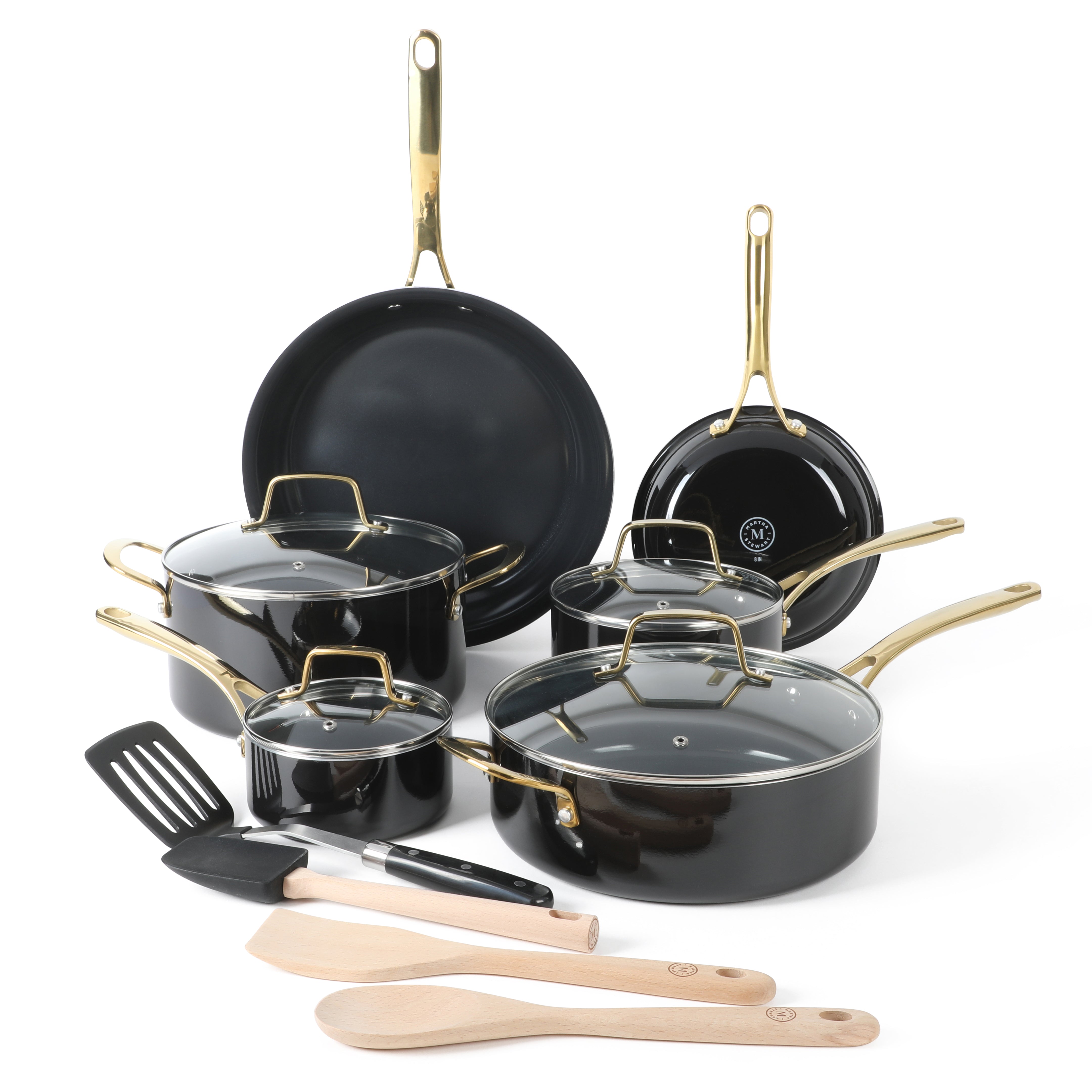 Martha Stewart Lockton Premium Nonstick PFA Free Ceramic Interior 10 Piece  Heavy Gauge Enamel Aluminum Pots and Pans Cookware Set - Linen White w/Gold