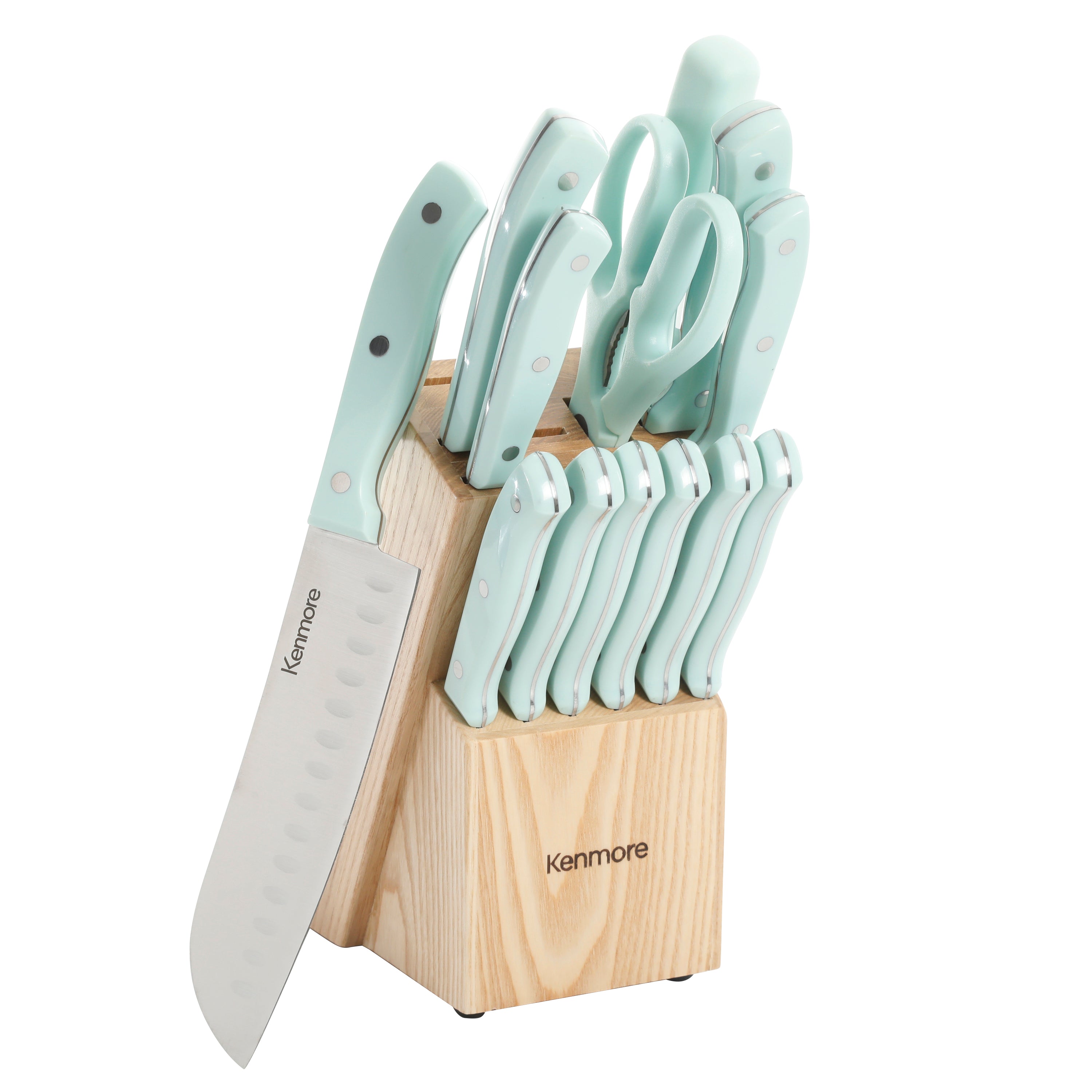 MARTHA STEWART Eastwalk 14 Piece High Carbon Stainless Steel Cutlery Knife  Block Set w/ABS Triple Riveted Forged Handle Acacia Wood Block - Linen