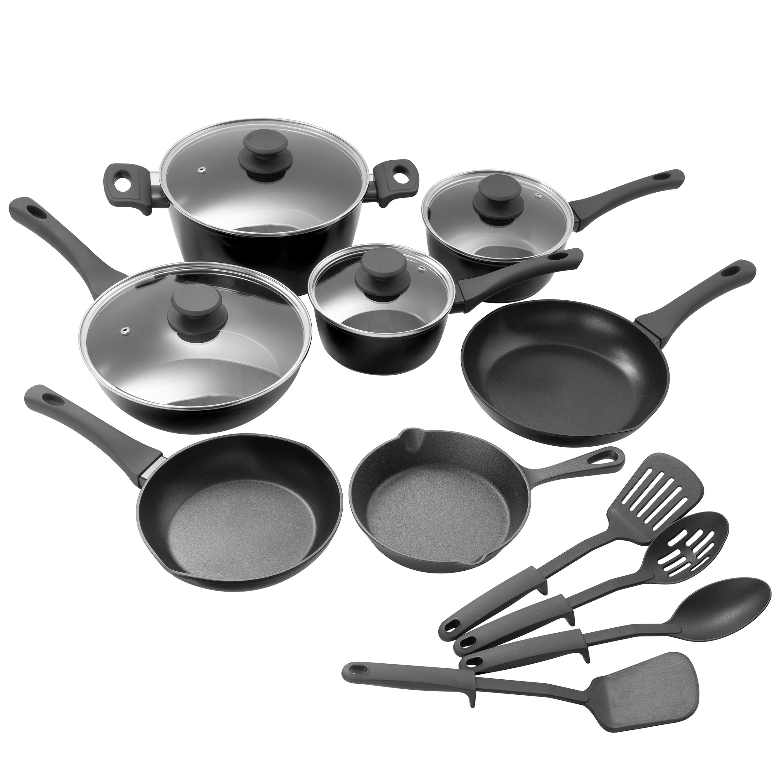 Gibson Home Plaza Café Forged Aluminum 7 Piece Healthy Ceramic Interior w/ Bakelite Handles Pots and Pans Cookware Set – Black