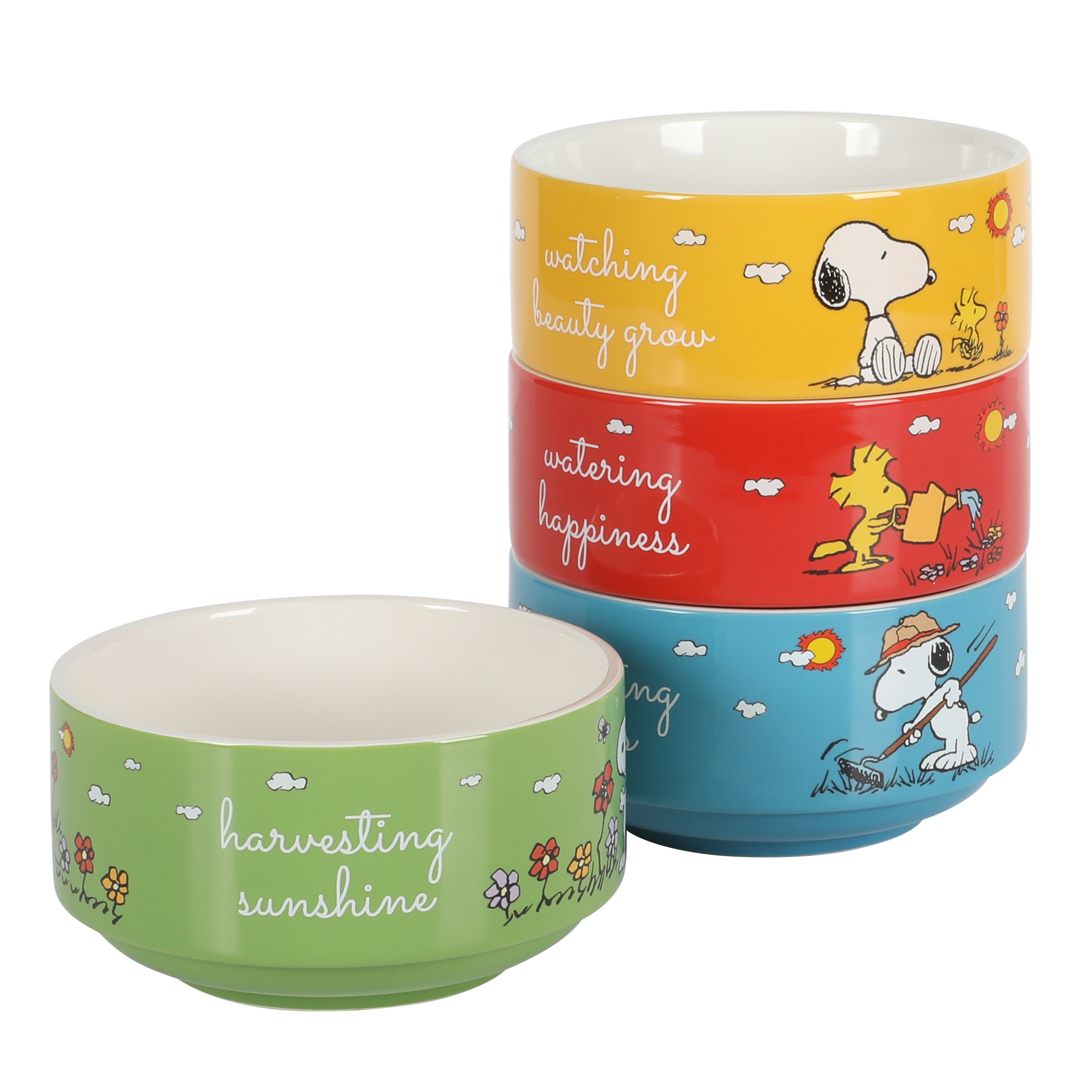 Peanuts 70th Anniversary 23.5 oz. Assorted Colors 4-Piece Stoneware Soup Bowl Set with Vented Lids