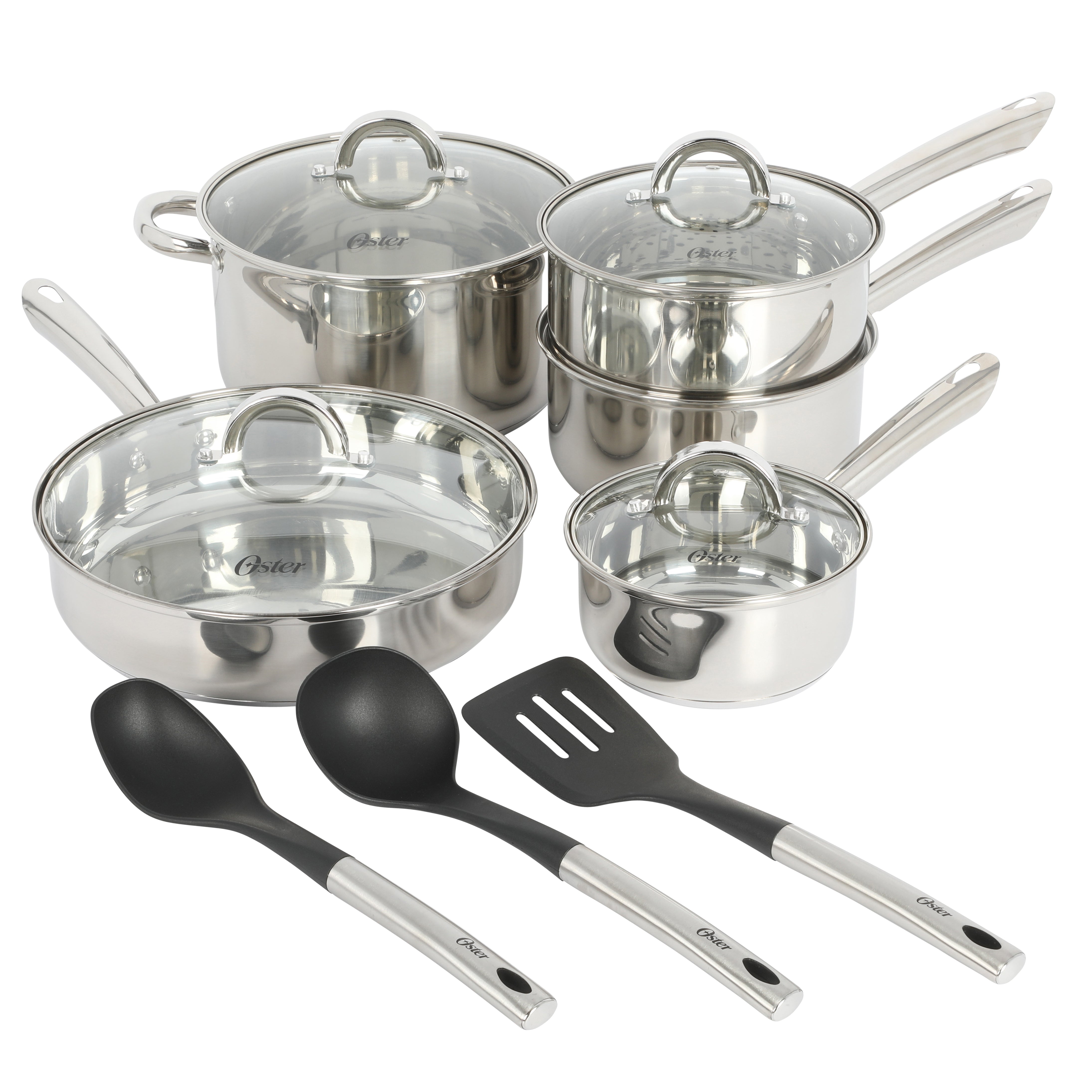 Oster Allsberg Non Stick Aluminum 10 Piece Cookware Set With Pots, Pans,  Lids, Stainless Steel Rose Gold Handles, Matte Black : Target