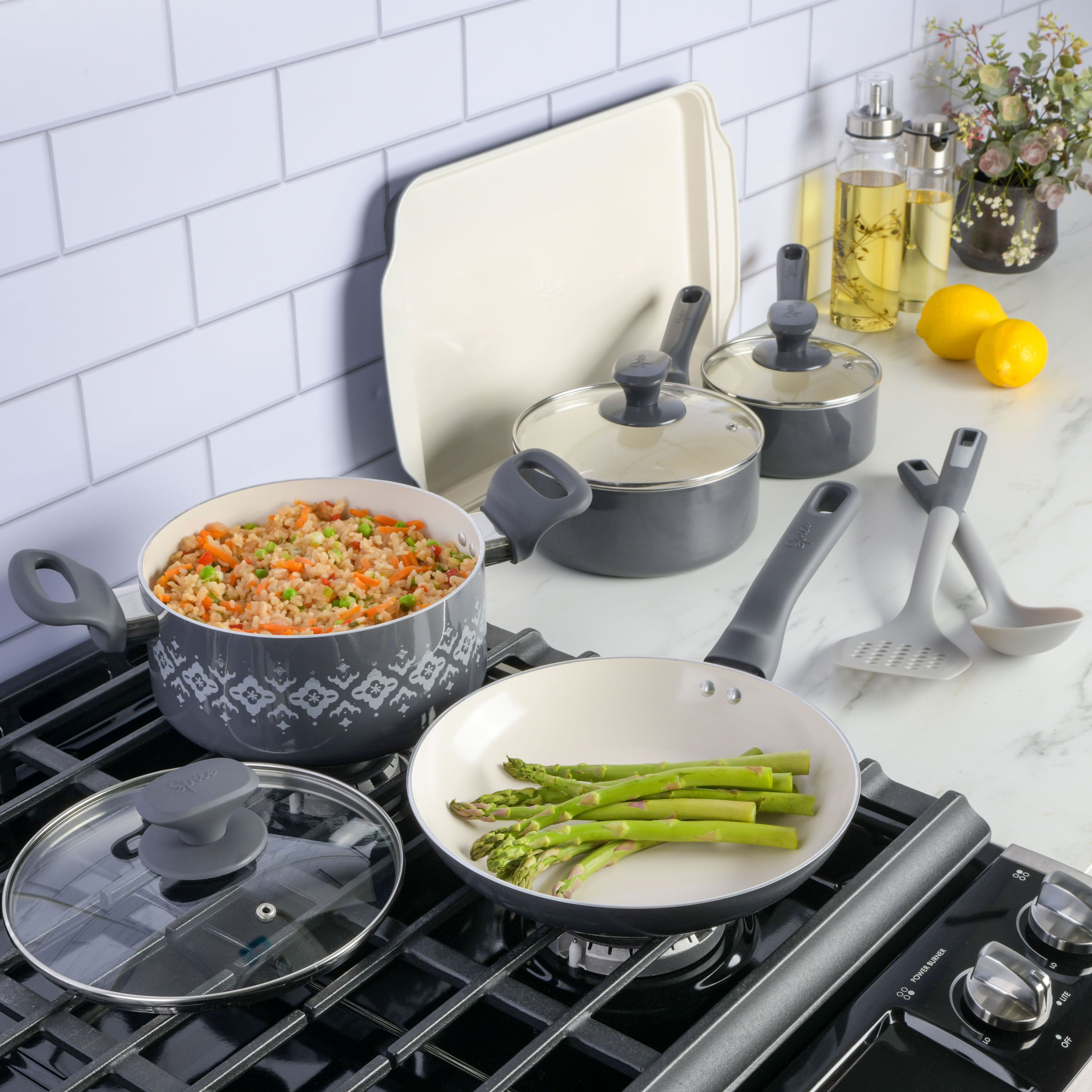 Sur La Table Angelie 10-Piece Enameled Aluminum Cookware Set w/ Premium Grey Ceramic Interior Matte Marine Blue