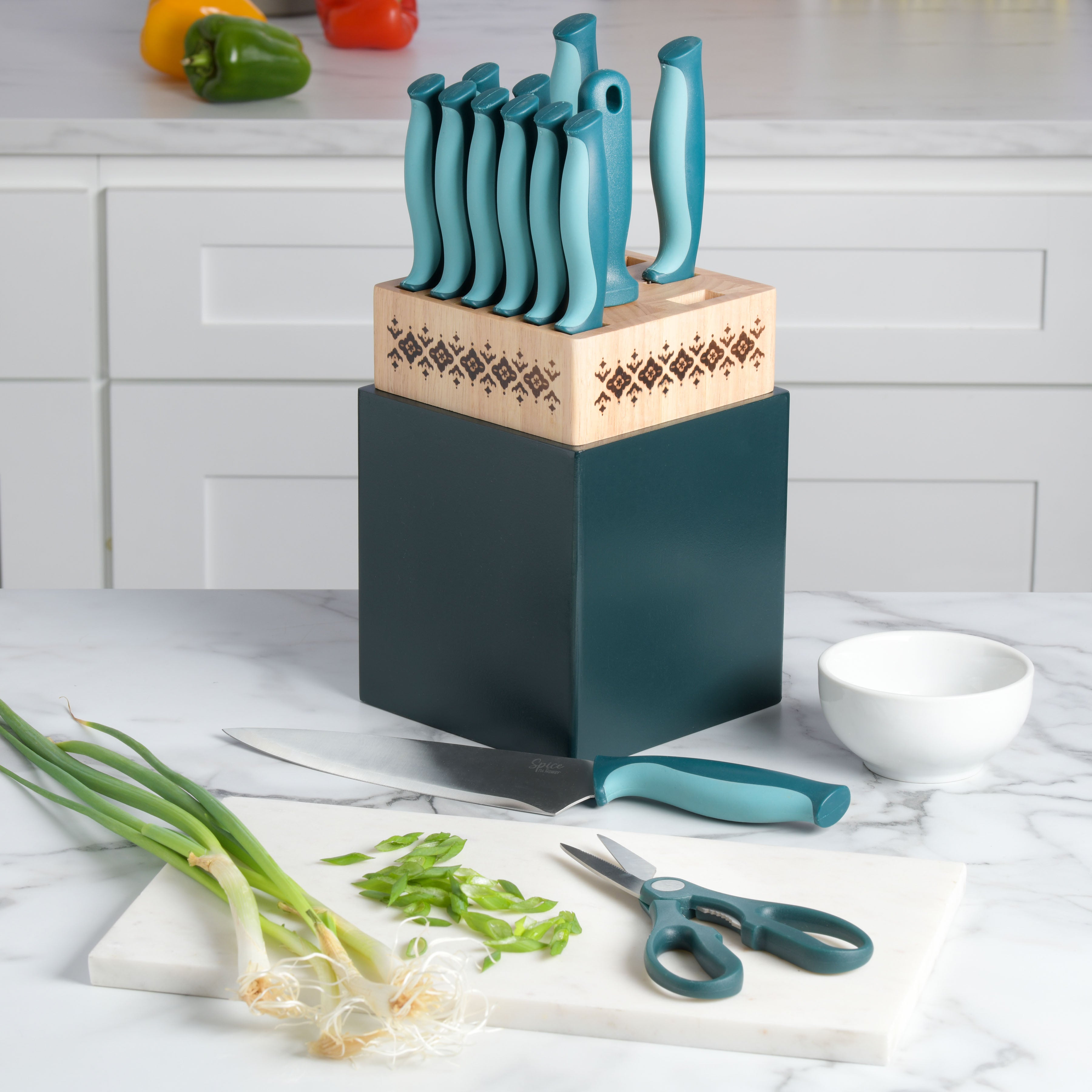  MARTHA STEWART Eastwalk 14 Piece High Carbon Stainless Steel Cutlery  Knife Block Set w/ABS Triple Riveted Forged Handle Acacia Wood Block -  Linen White: Home & Kitchen